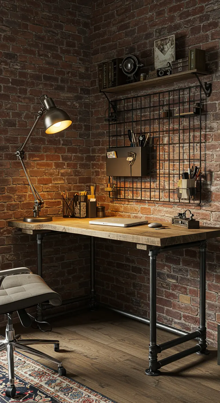 Bureau en L de style industriel avec mur de briques et grille de rangement noire.