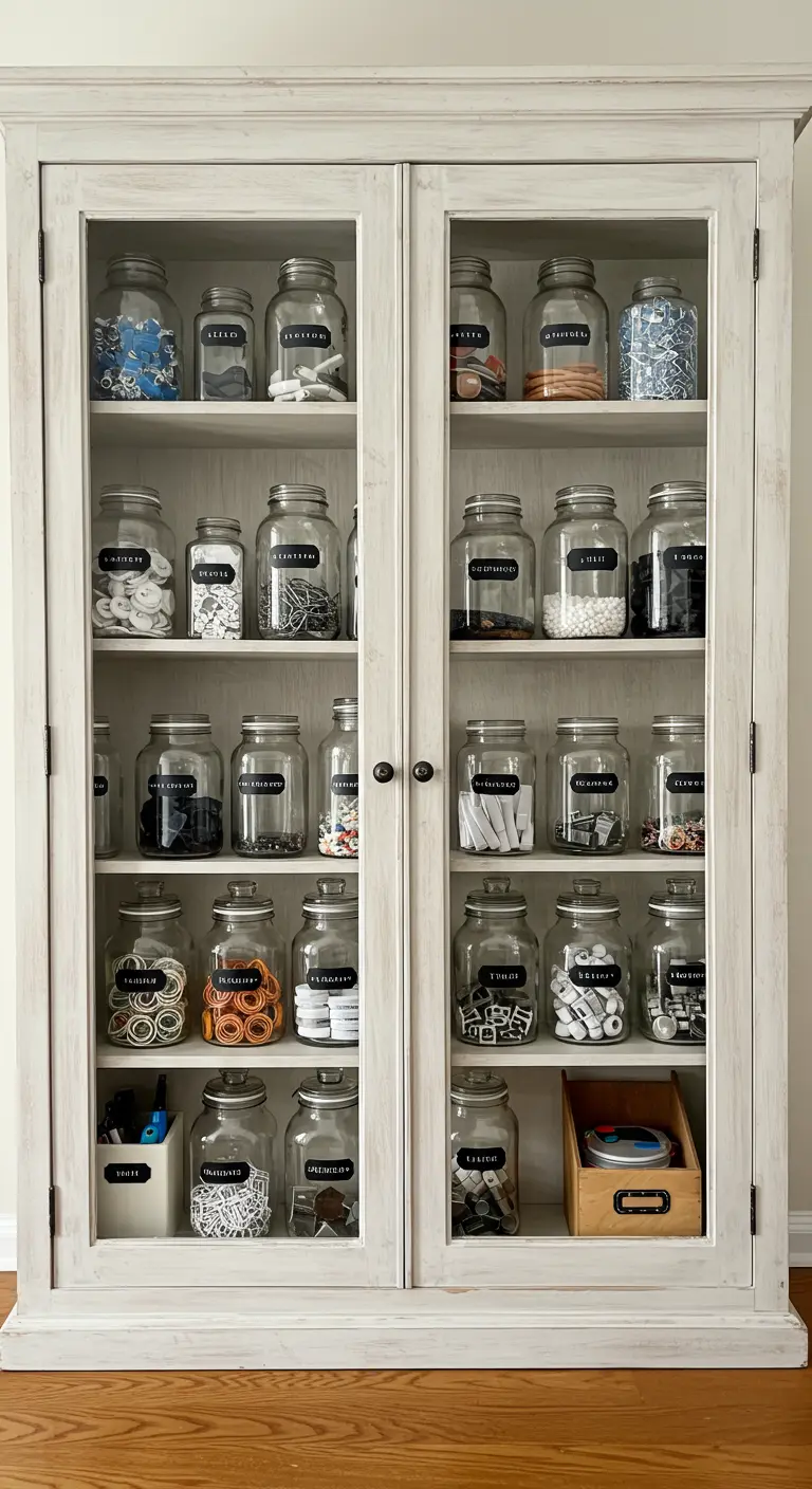 Vitrine blanche remplie de bocaux en verre de différentes tailles contenant des fournitures de bureau.