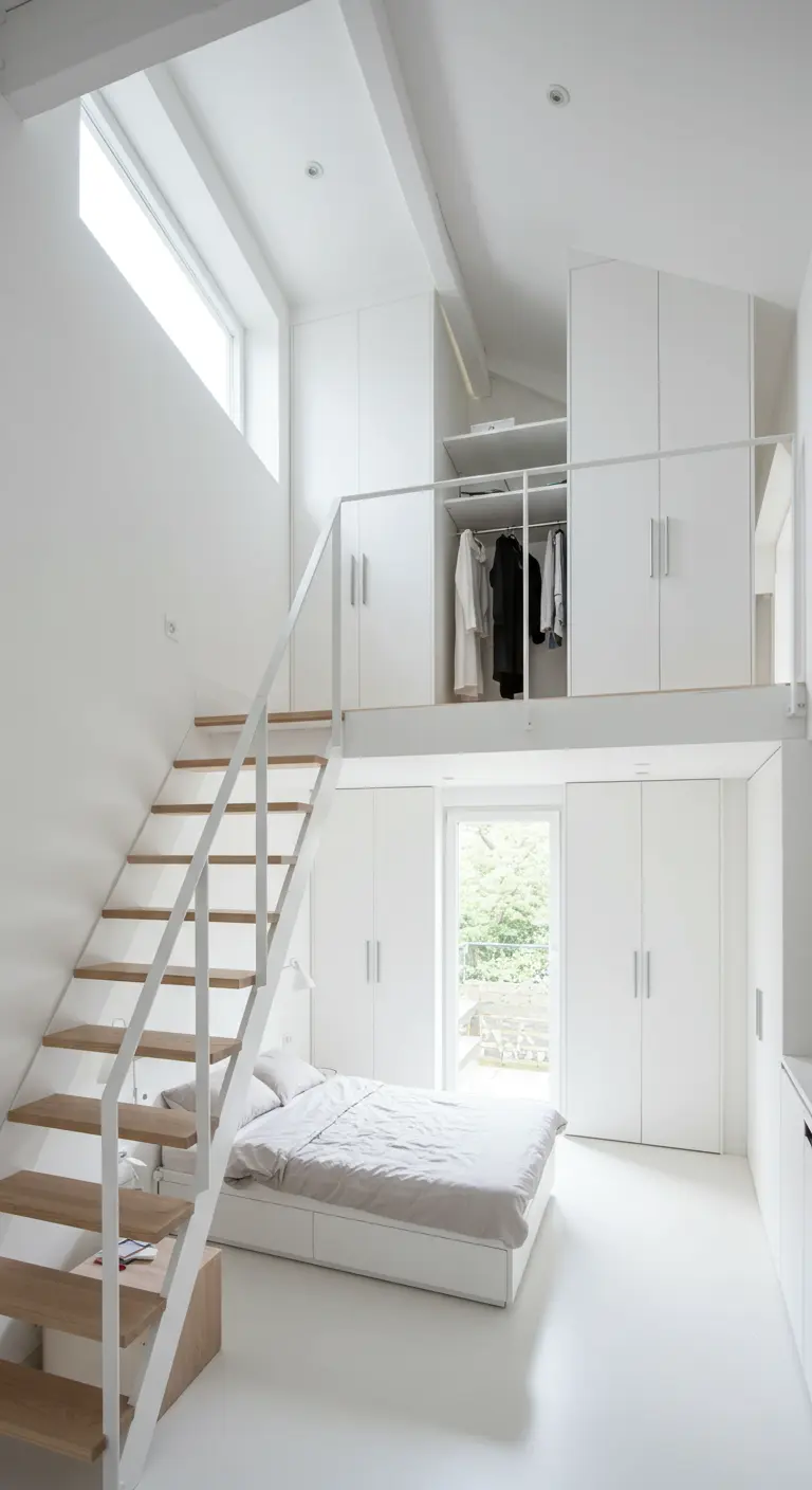 Chambre en duplex avec un lit au sol et un dressing en mezzanine.