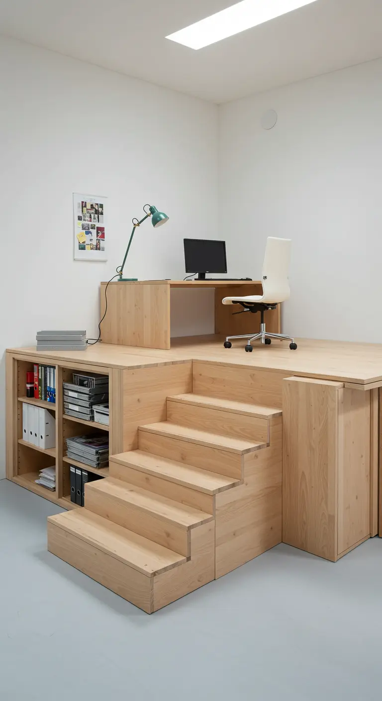 Bureau sur une estrade en bois avec des rangements intégrés dans les marches.