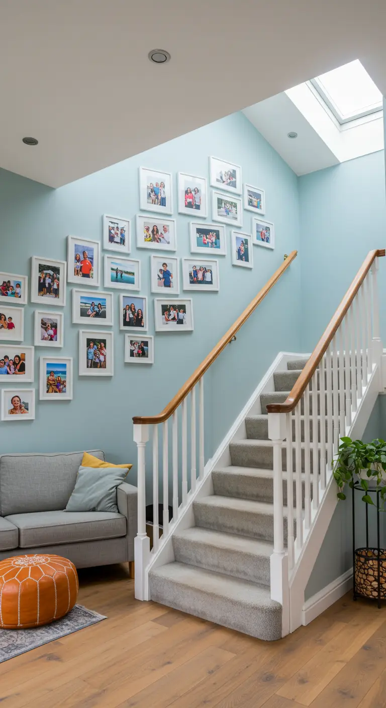 Mur bleu pastel dans une cage d'escalier, décoré de photos de famille dans des cadres blancs.