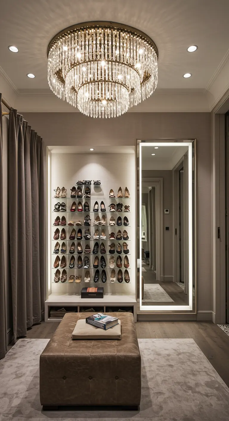 Niche murale blanche avec étagères en verre et rétroéclairage, présentant une collection de chaussures.