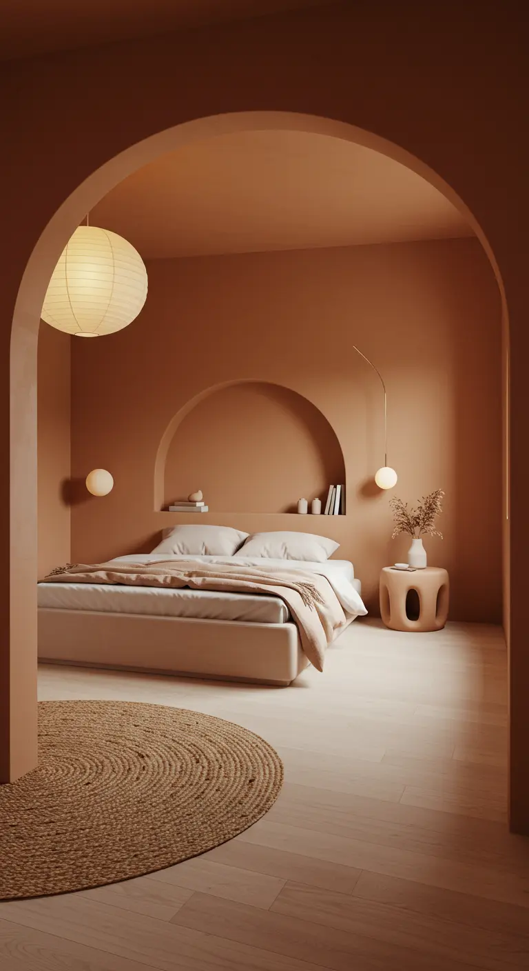 Chambre couleur terre cuite avec une niche en arche en guise de tête de lit.