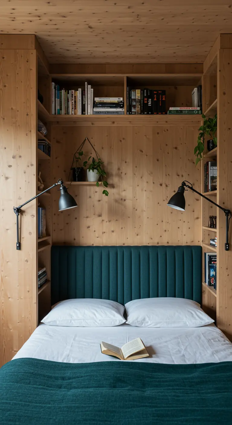 Tête de lit bleu canard dans une alcôve en bois avec des bibliothèques intégrées.