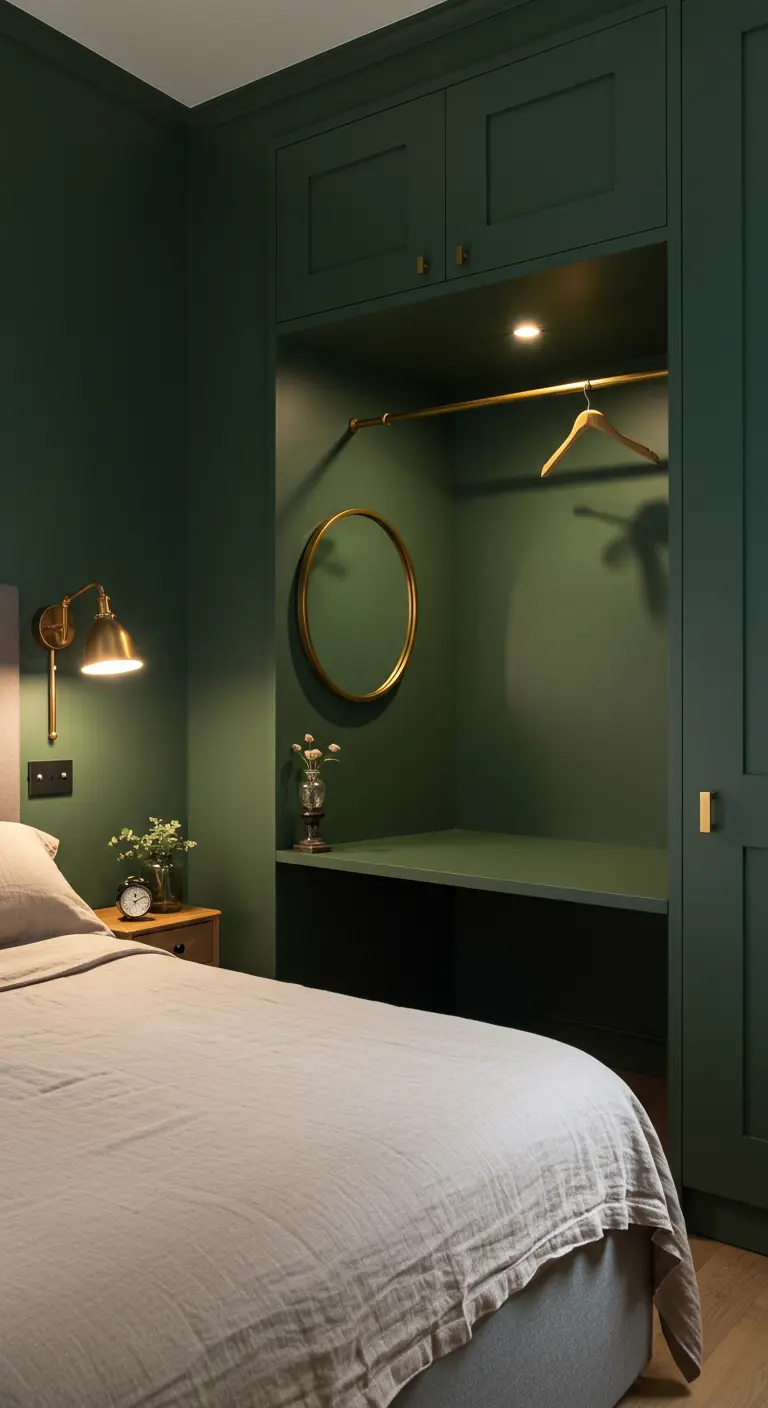 Niche murale peinte en vert foncé aménagée en petit dressing avec une tringle en laiton.
