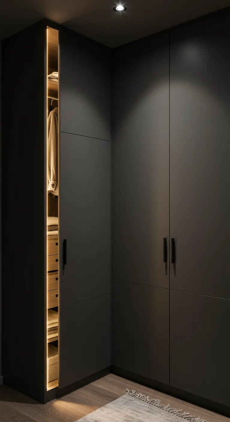 Dressing d'angle noir mat avec une niche verticale ouverte et éclairée par des LED.