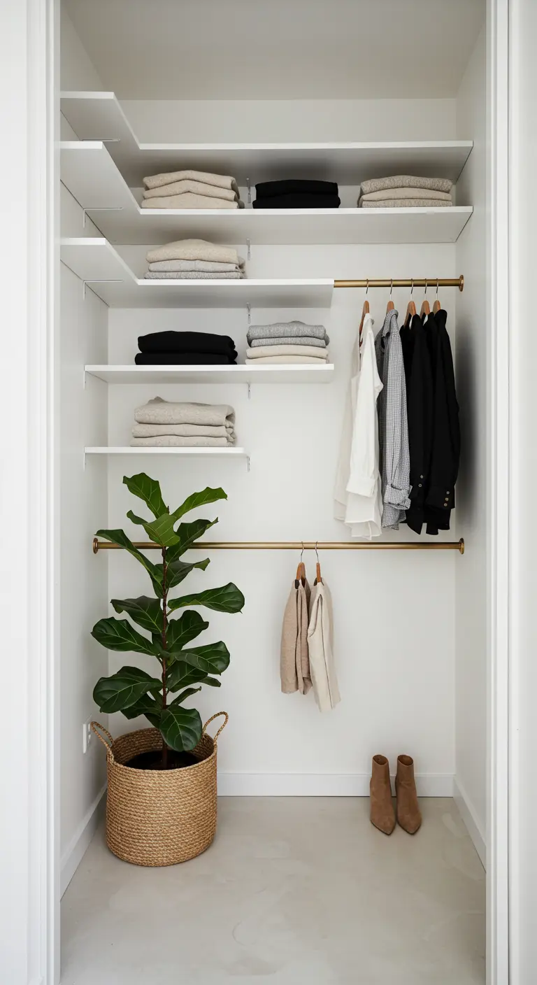 Dressing minimaliste dans une niche blanche avec des tringles dorées et une plante.
