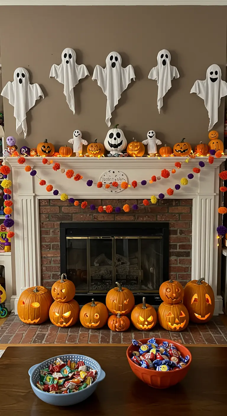 Décoration d'Halloween pour enfants avec de mignons fantômes en tissu et des citrouilles sculptées.
