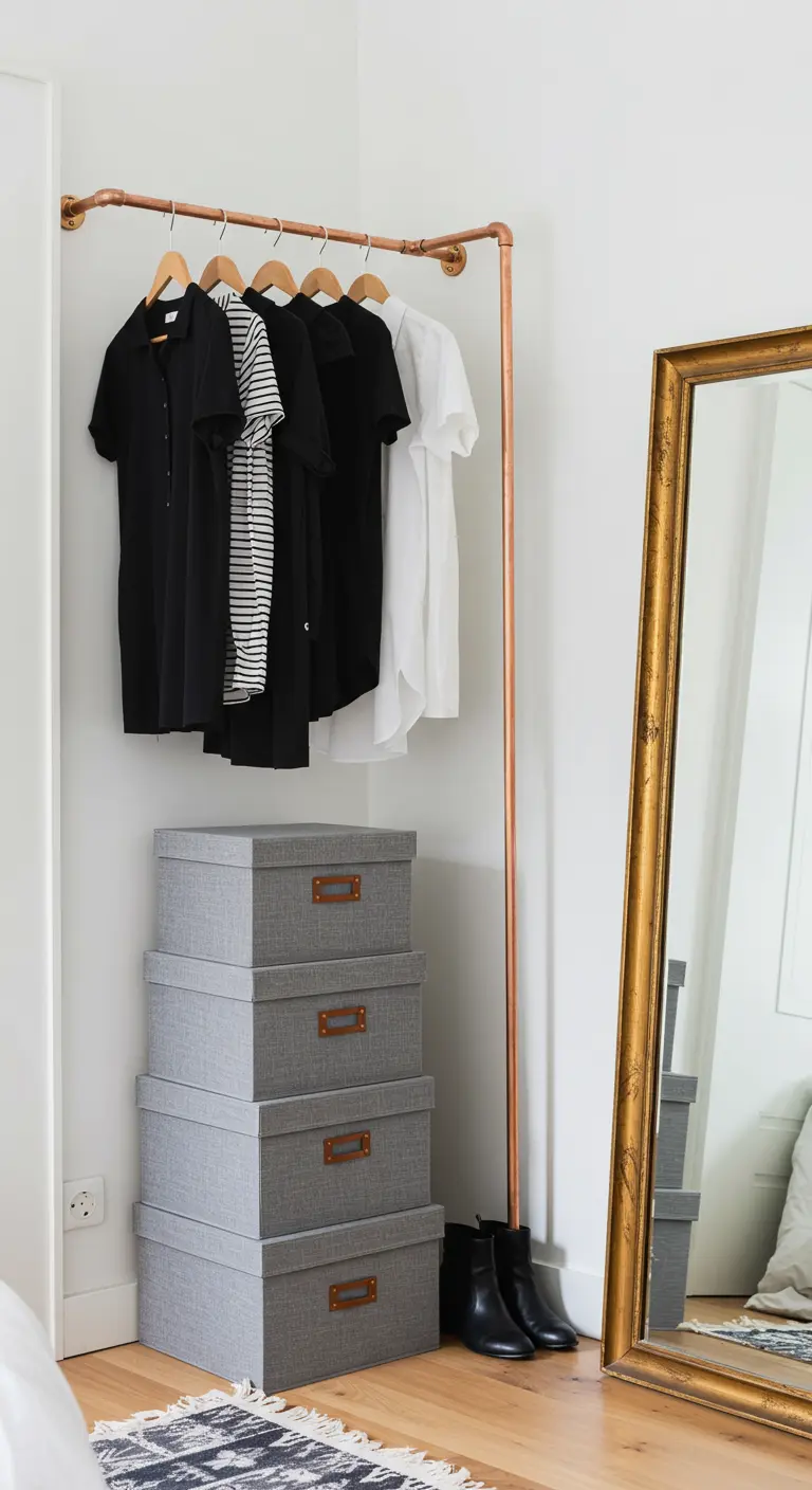 Penderie d'angle DIY fabriquée avec des tuyaux en cuivre et des boîtes de rangement grises.