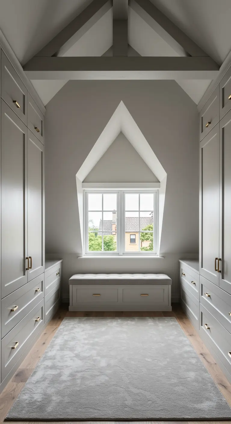 Dressing mansardé symétrique gris clair avec banquette de rangement sous la fenêtre.