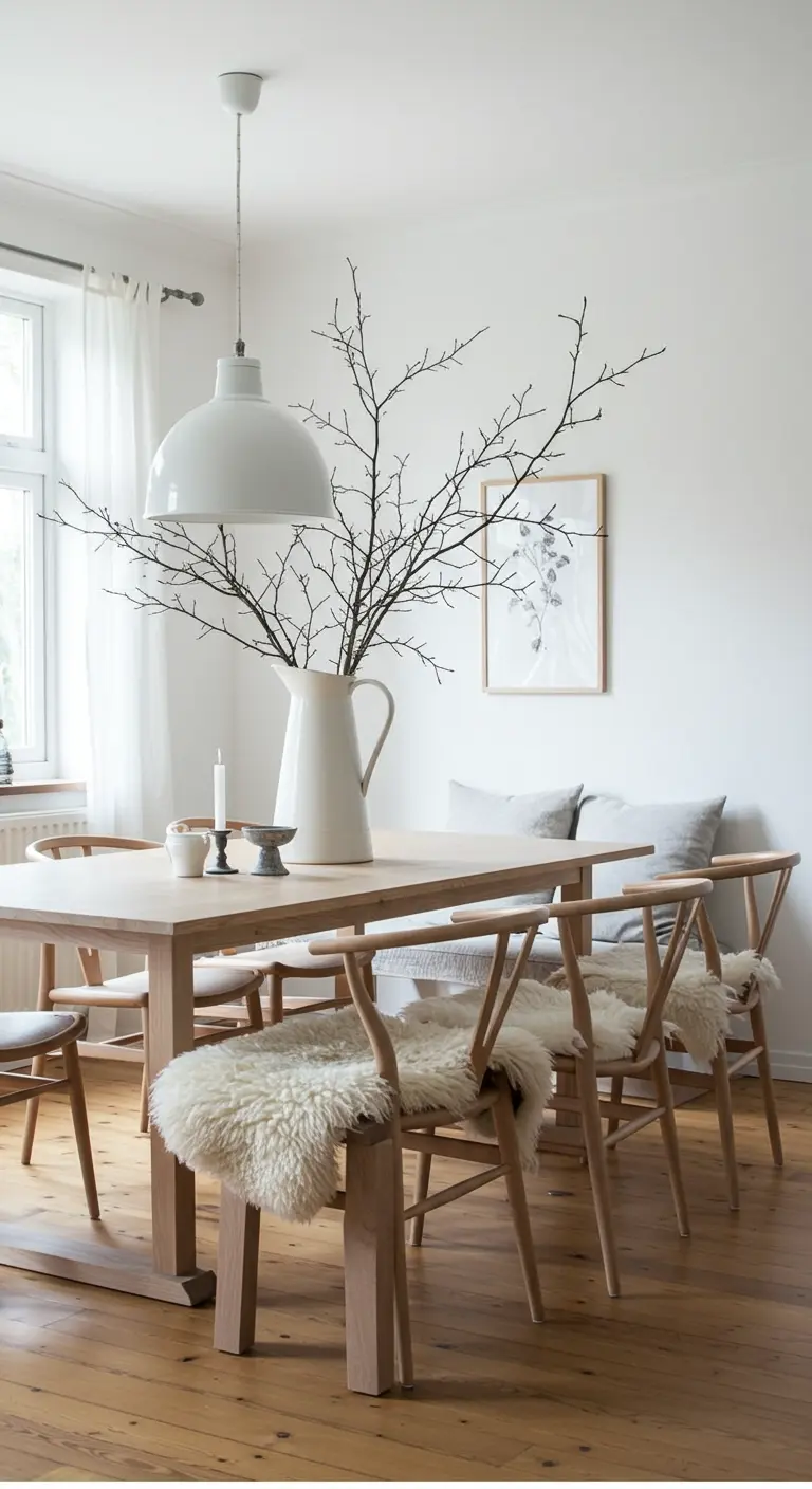 Table scandinave avec un grand vase blanc contenant des branches nues.