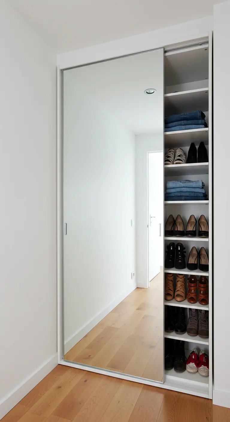 Porte de placard coulissante entièrement recouverte d'un miroir, révélant un rangement à chaussures.