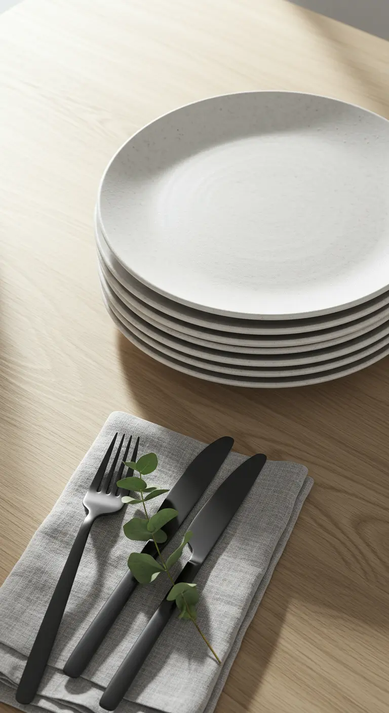 Assiettes blanches minimalistes avec couverts noirs et branche d'eucalyptus.