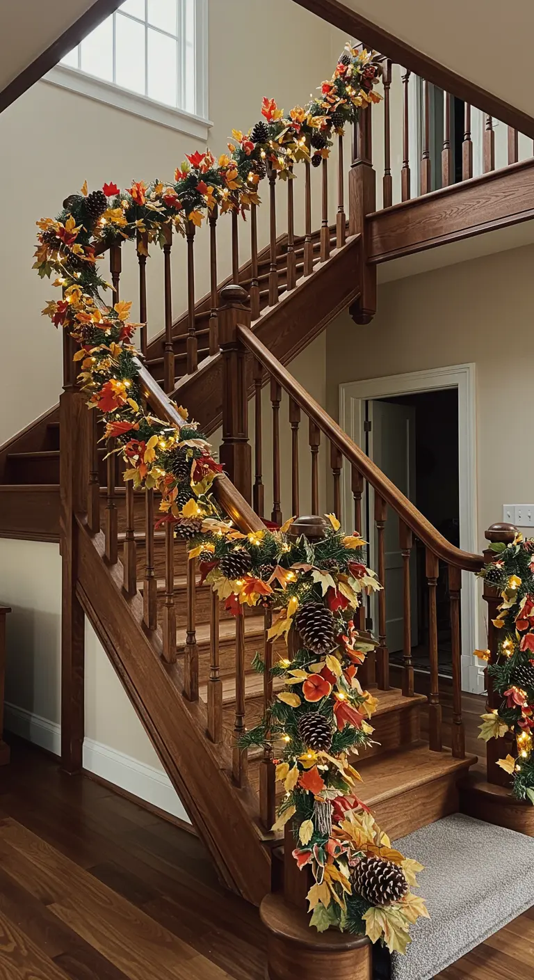 Rampe d'escalier en bois enroulée d'une guirlande automnale très fournie et lumineuse.