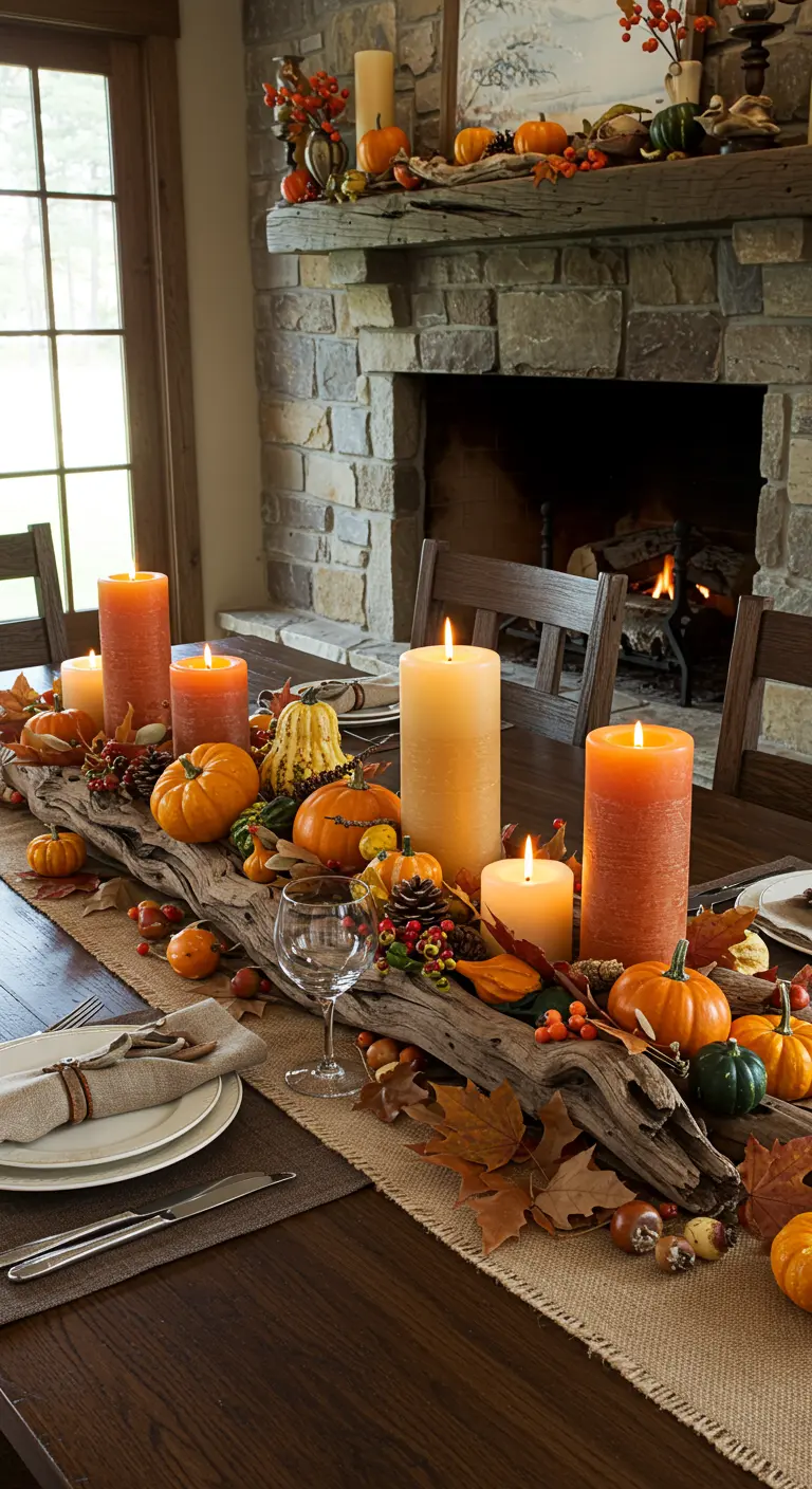 Centre de table d'automne avec bois flotté, citrouilles, baies et bougies orange.