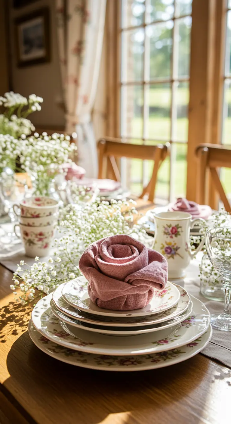 Serviette rose pliée en forme de rose sur une assiette à fleurs vintage.