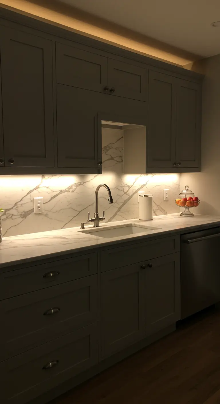 Une cuisine moderne avec un éclairage LED blanc chaud sous les placards hauts.