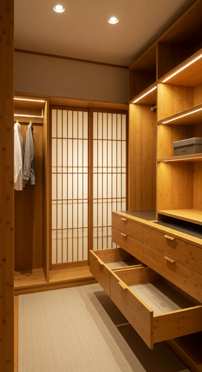 Dressing en bambou avec des portes coulissantes de style japonais Shoji.