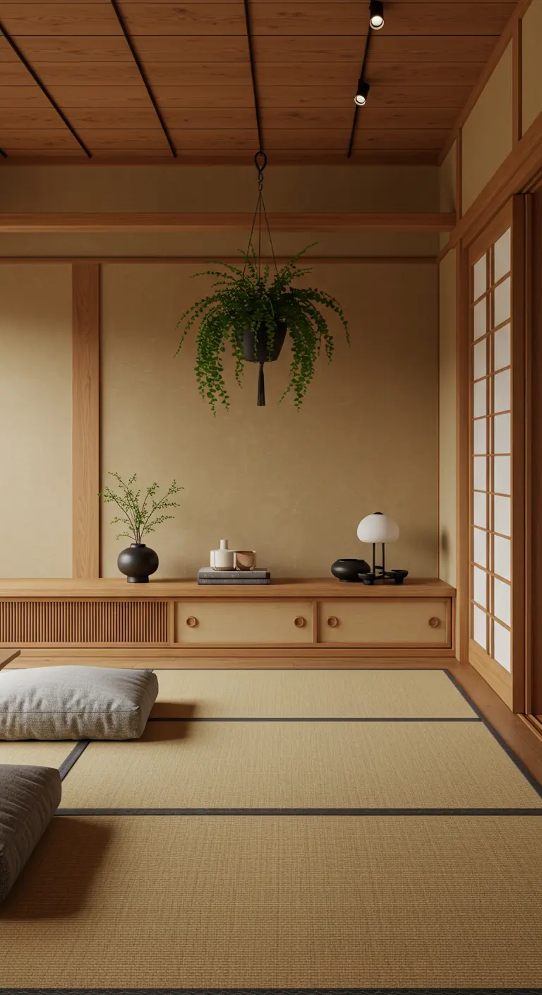 Intérieur de style japonais avec un sol en tatami, un banc bas et une unique plante verte suspendue.