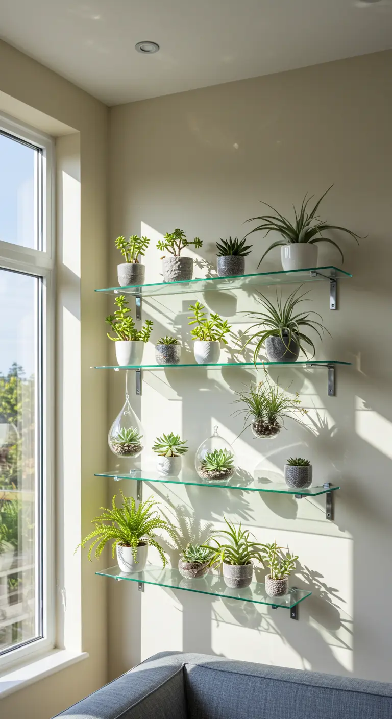 Étagères en verre près d'une fenêtre, remplies d'une collection de plantes grasses et de succulentes.