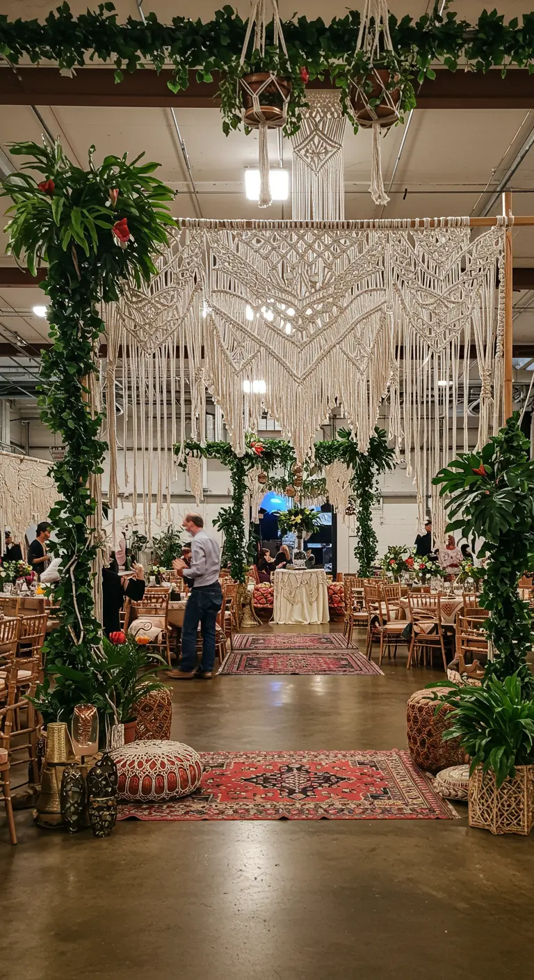 Grande arche en bois décorée de macramé et de plantes vertes dans une salle de réception.