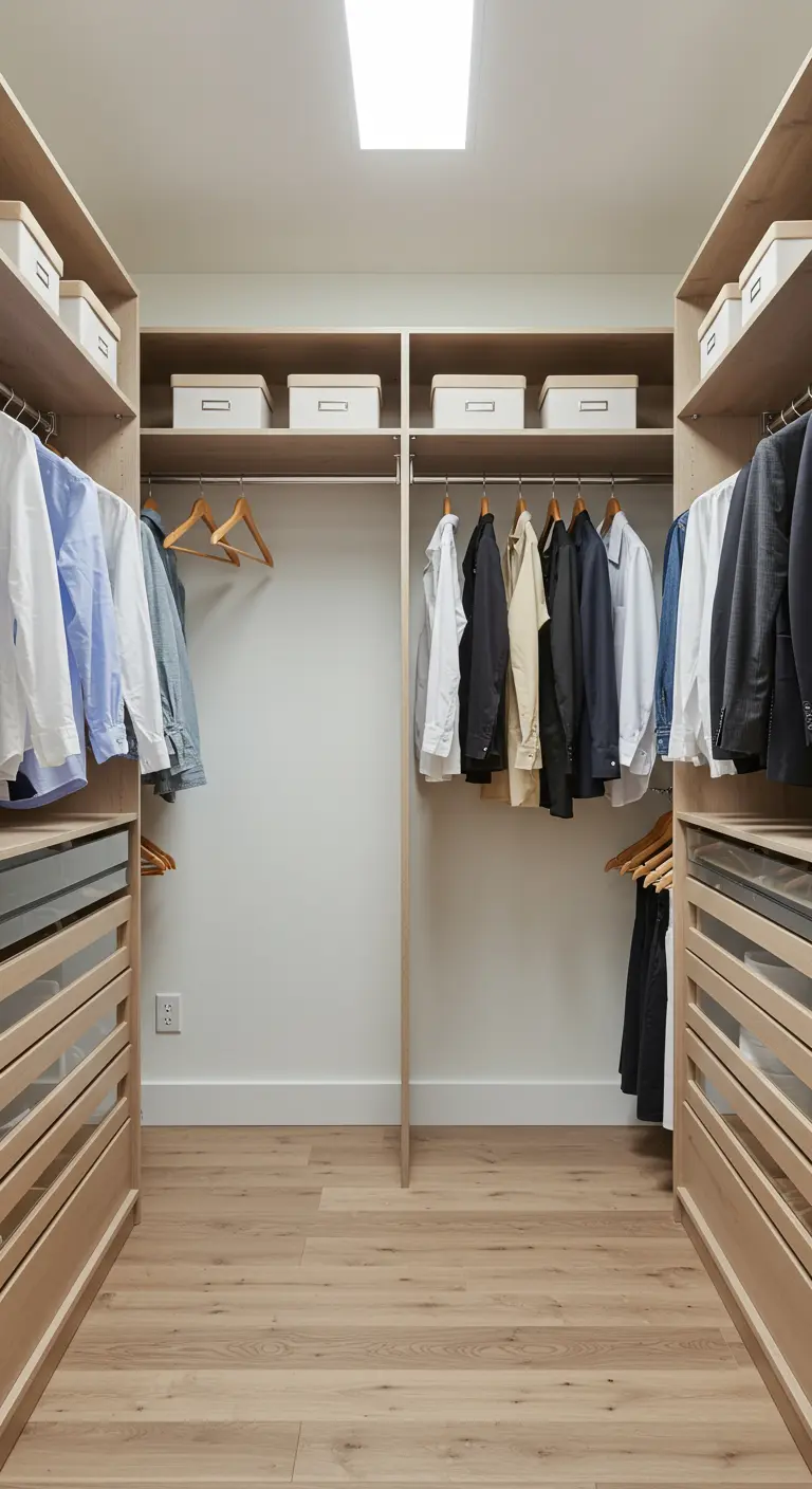 Dressing en bois clair avec une disposition parfaitement symétrique de chaque côté d'un séparateur central.