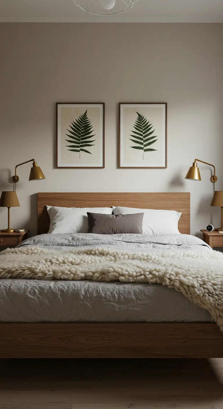 Lit en bois avec un plaid en laine, flanqué de deux appliques murales et deux cadres botaniques.