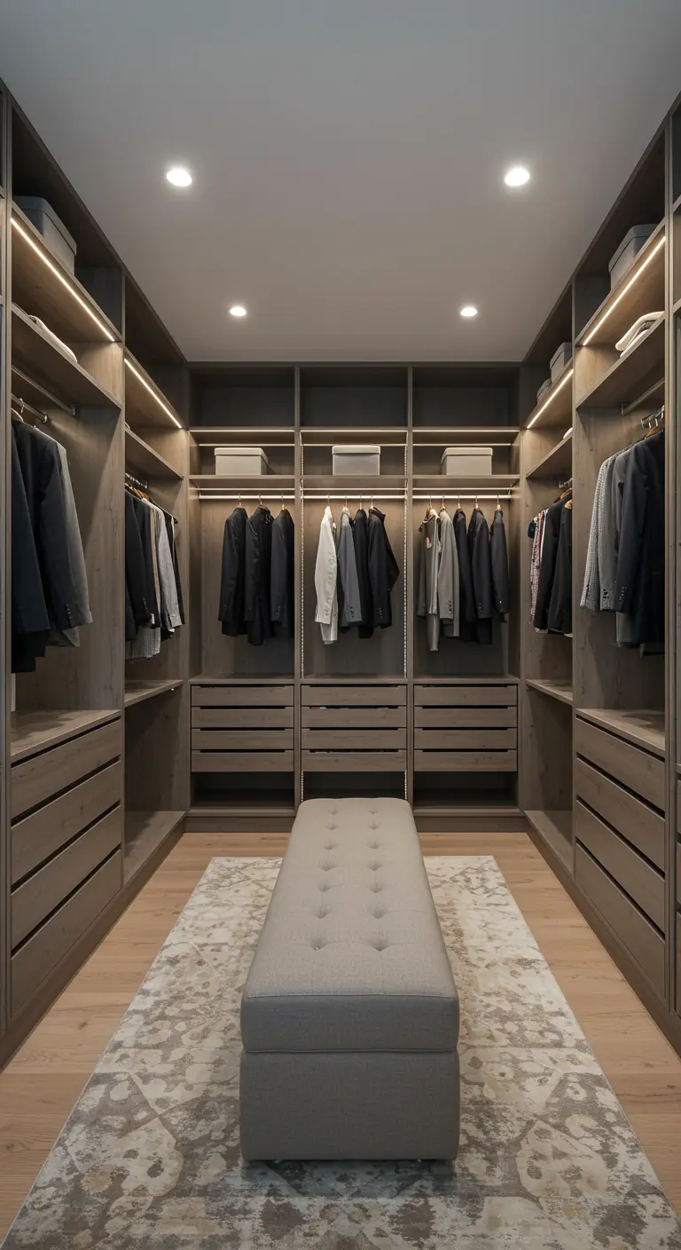 Long dressing symétrique en bois avec un banc central et un tapis oriental.