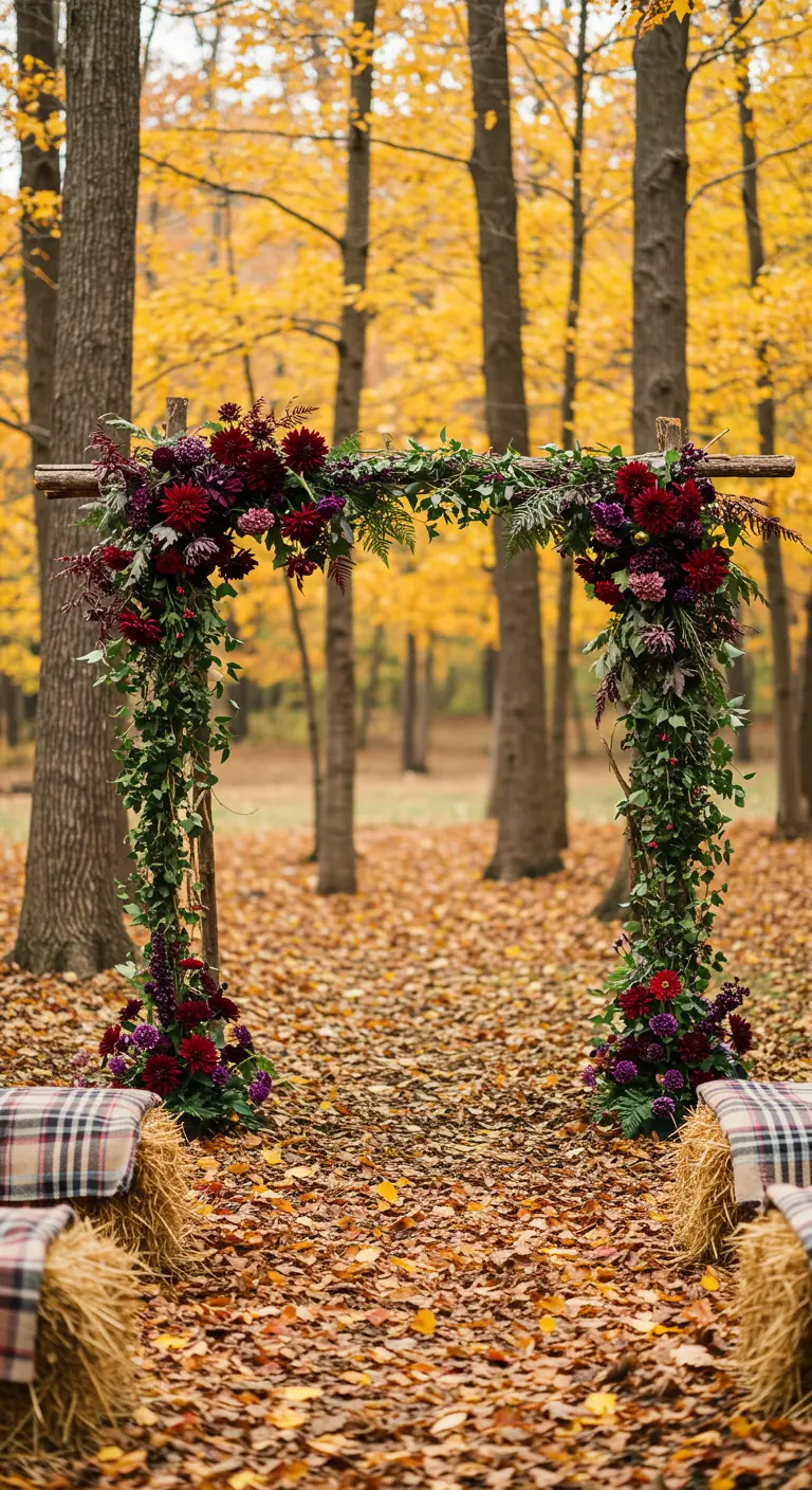 Arche de mariage d'automne avec des fleurs bordeaux et des feuilles orangées dans une forêt colorée.