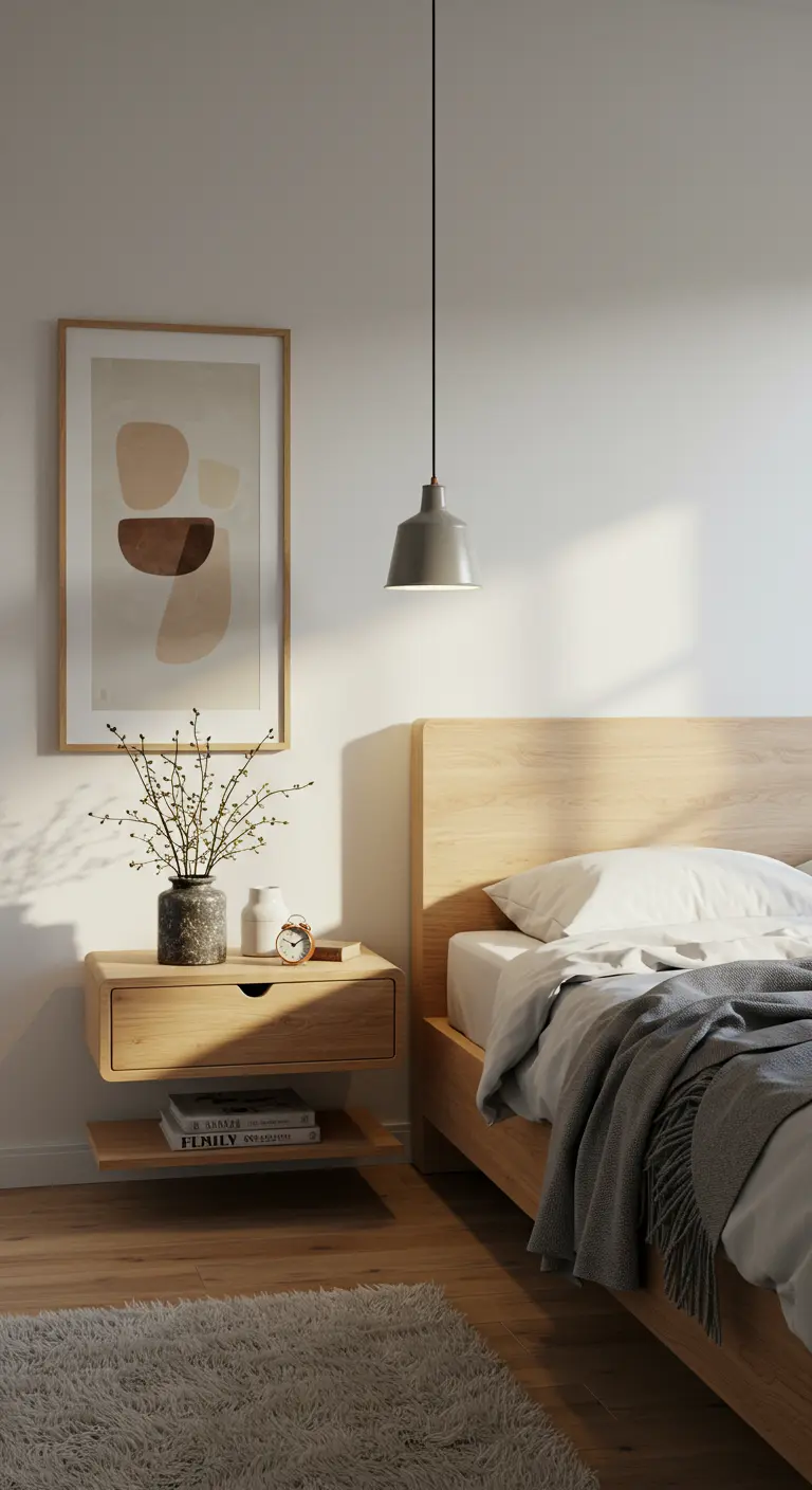 Chevet mural en bois clair avec une lampe suspendue et un cadre au mur.