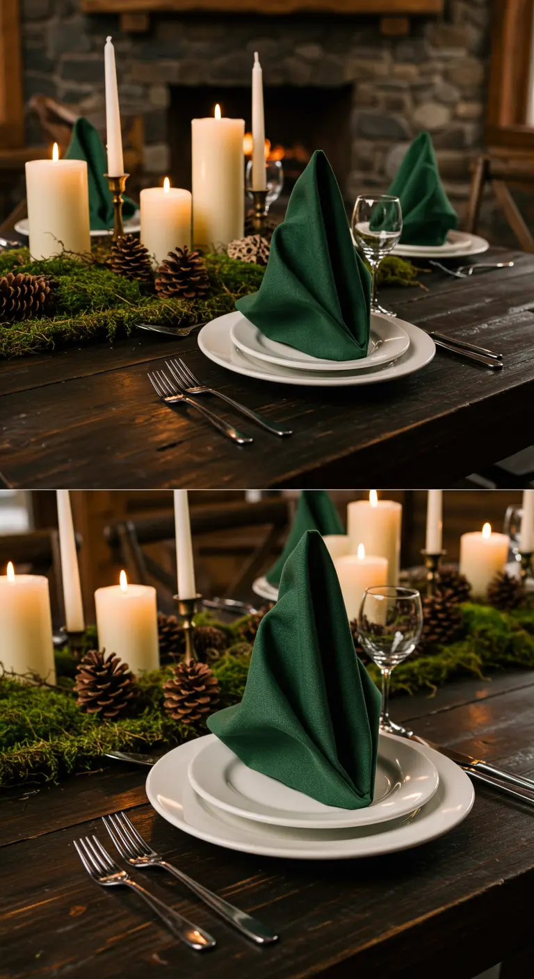 Serviette vert foncé pliée en forme de tente sur une table de fête hivernale.