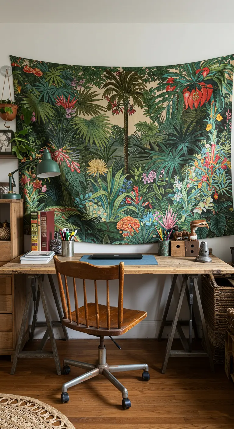 Grande tenture murale à motif de jungle tropicale luxuriante suspendue derrière un bureau en bois.