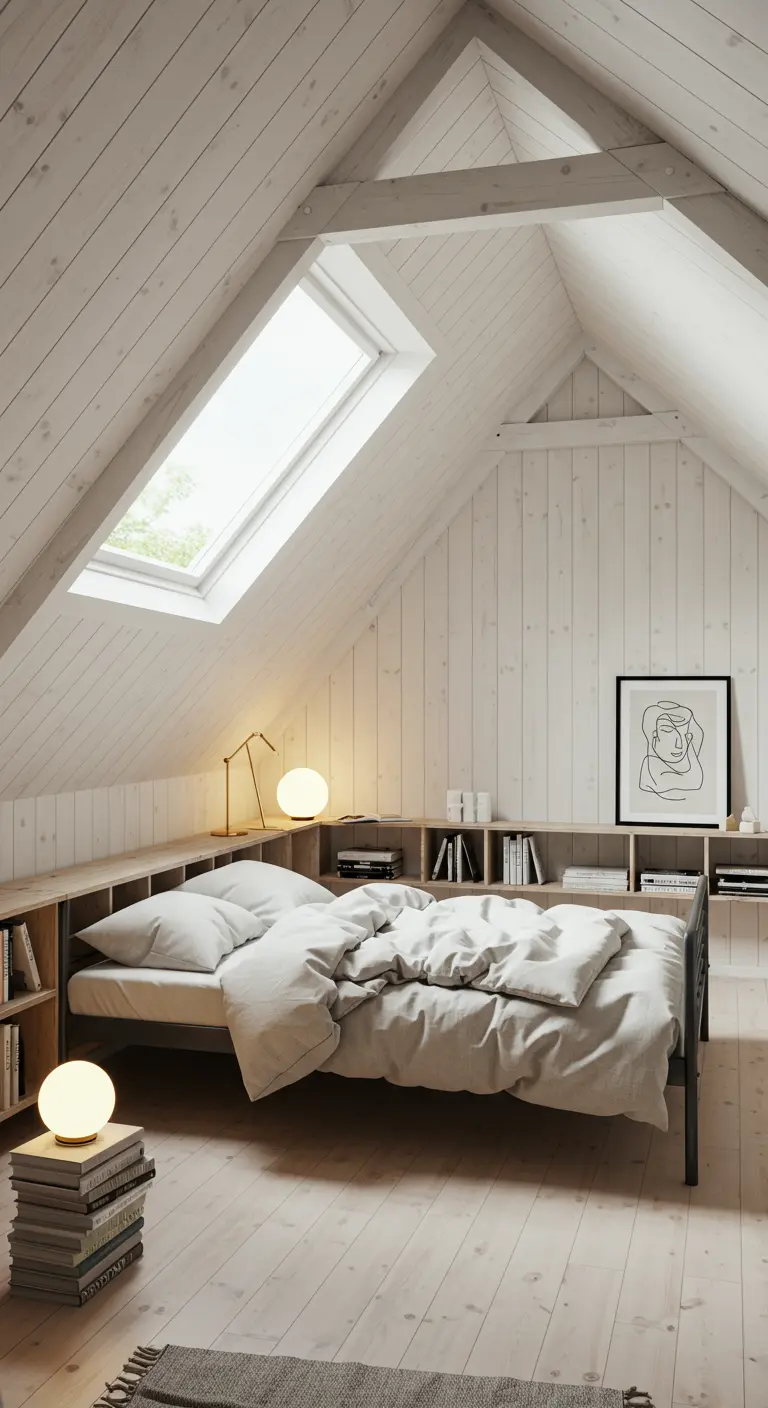 Chambre mansardée lumineuse avec lit bas et étagères intégrées en tête de lit.