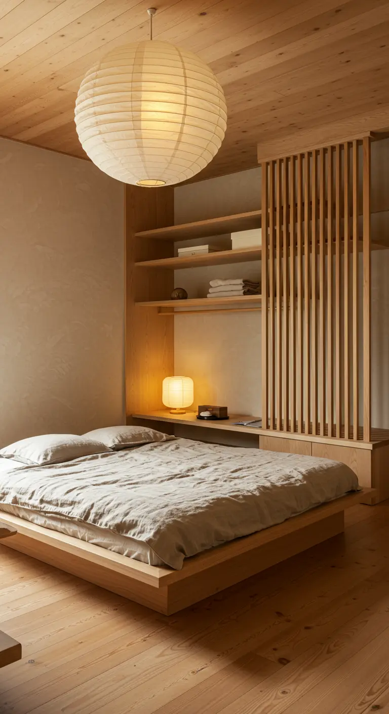 Chambre de style Japandi avec un lit bas, une tête de lit en lattes de bois et une lanterne en papier.