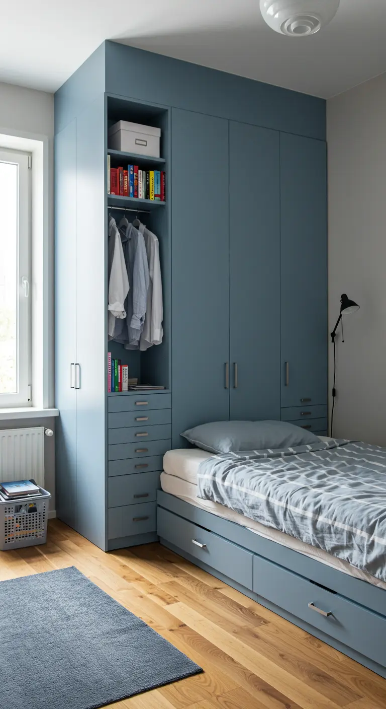 Lit intégré dans un grand meuble de rangement bleu-gris allant jusqu'au plafond.