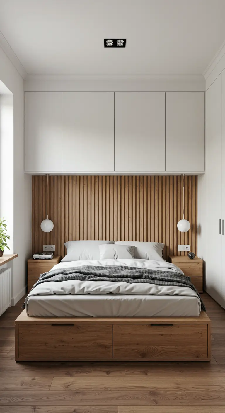 Chambre avec une tête de lit en lattes de bois encadrée par des placards blancs sur mesure.