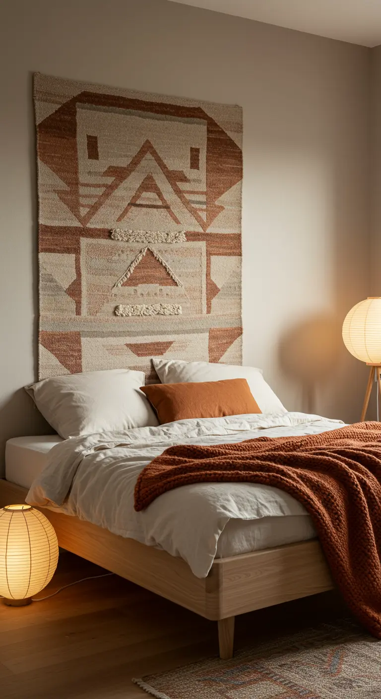 Un grand tapis Kilim est utilisé comme tête de lit au-dessus d'un lit avec une couverture orange.