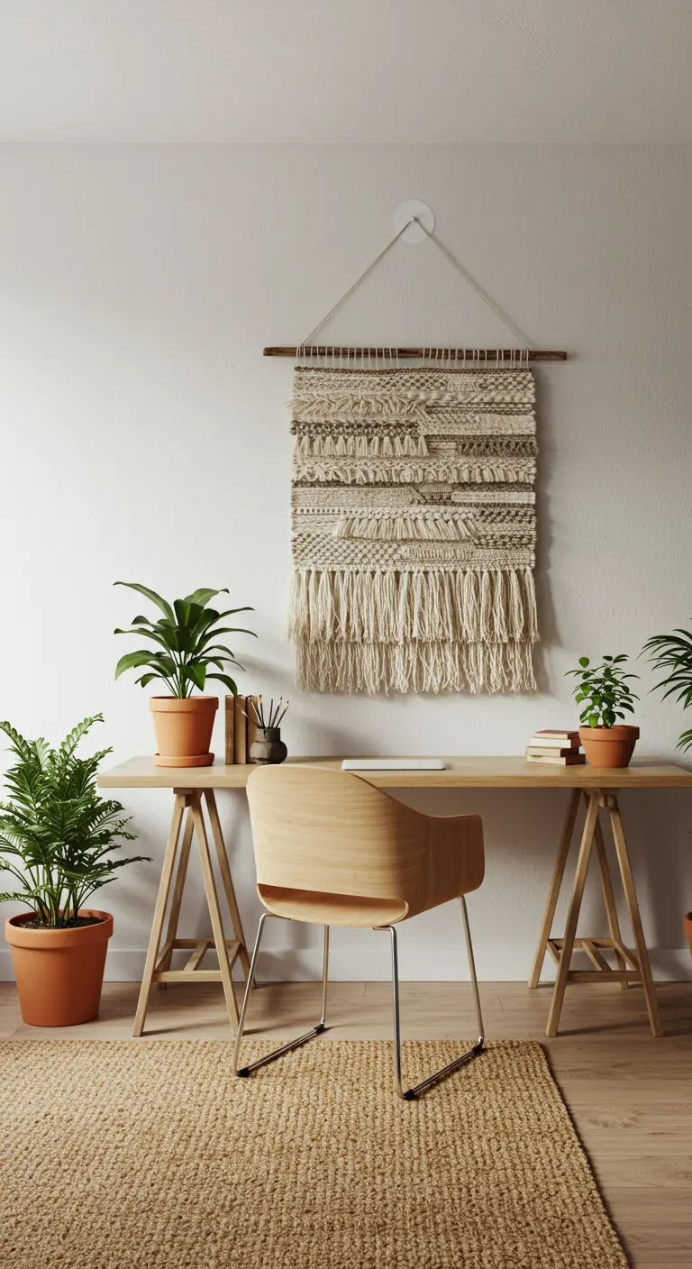 Grande tenture murale en macramé suspendue au-dessus d'un bureau en bois.