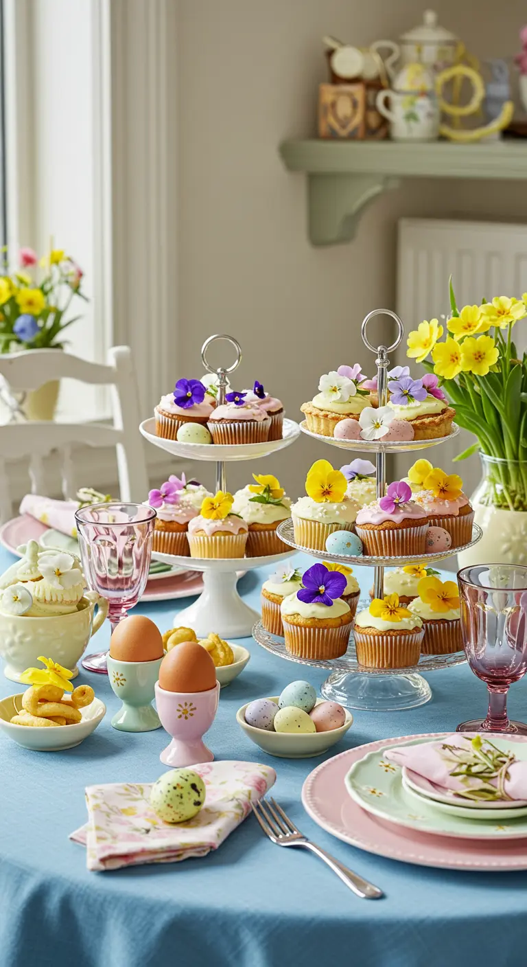 Cupcakes et tartelettes décorés de fleurs de pensée sur une table de brunch.
