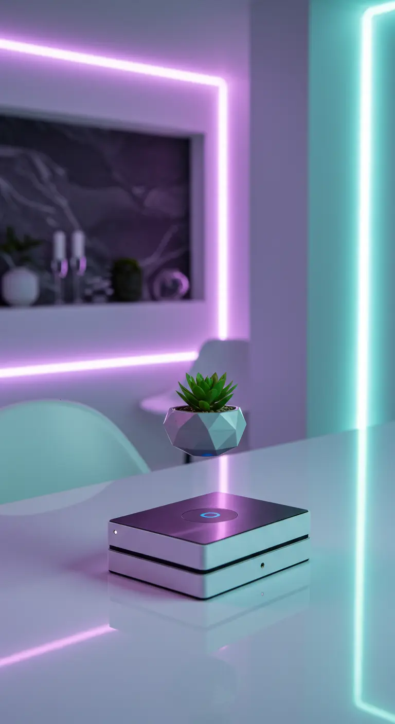 Une petite plante succulente dans un pot géométrique flottant au-dessus d'une base magnétique.