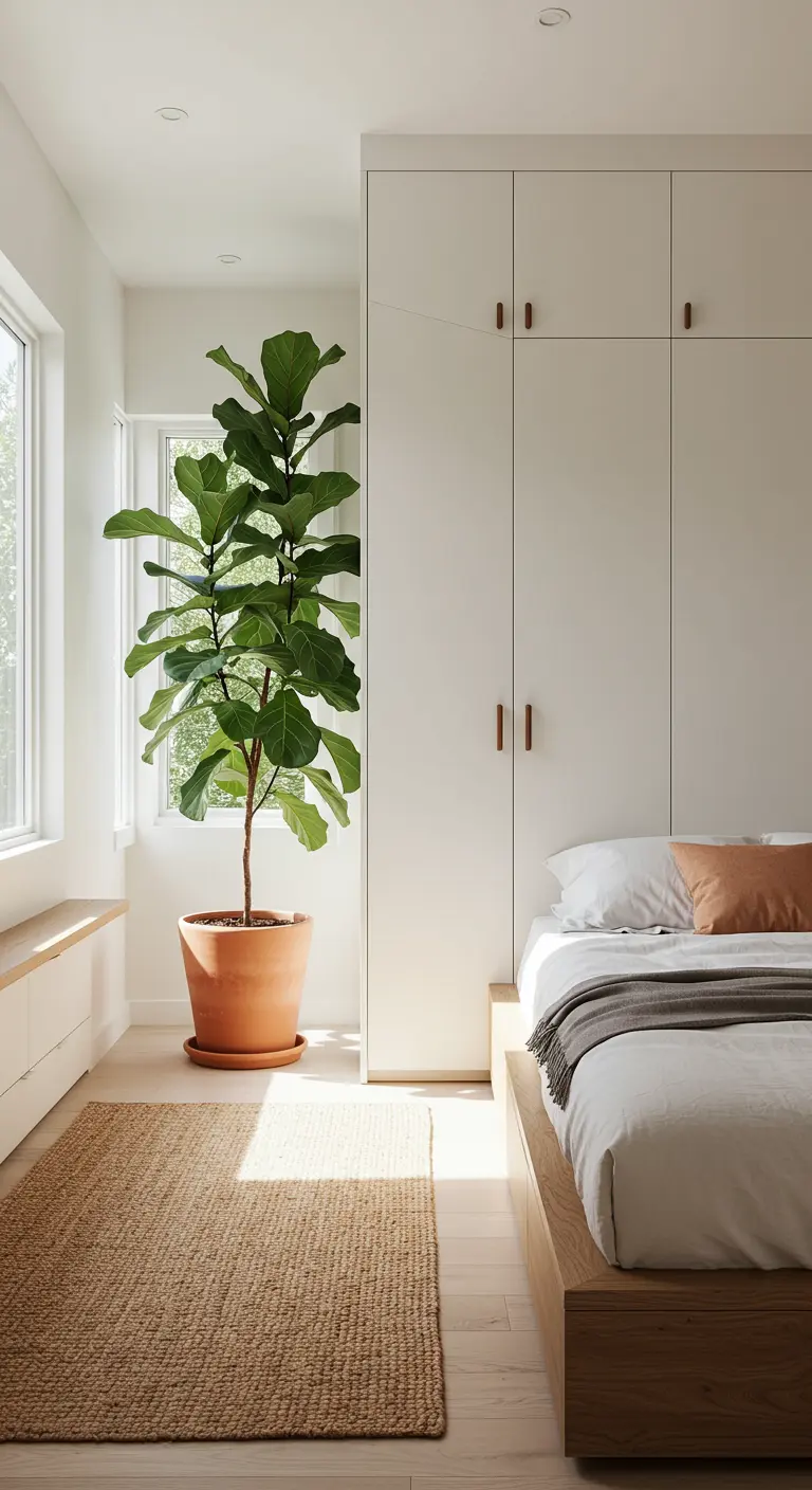 Chambre minimaliste avec un grand figuier lyre dans un pot en terre cuite.