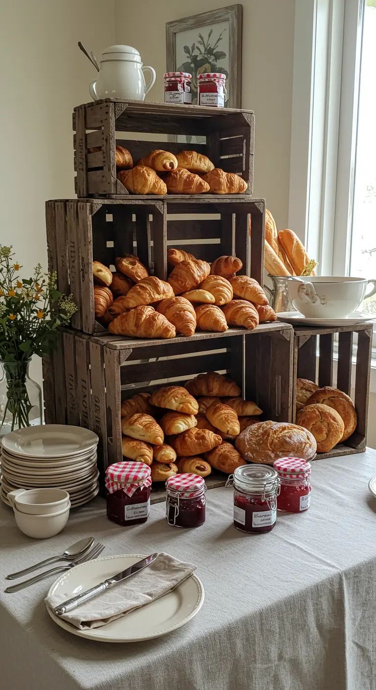 Présentoir à croissants sur trois niveaux de caisses en bois rustiques.
