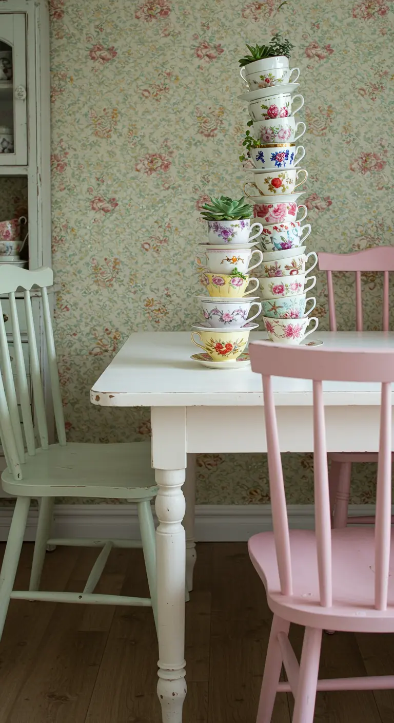 Une tour de tasses à thé vintage empilées, avec une plante succulente au sommet.