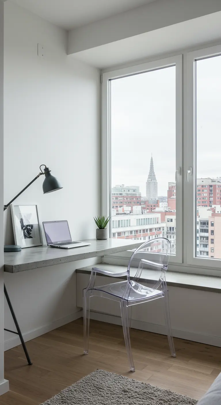 Bureau minimaliste le long d'une grande fenêtre, avec une chaise transparente en acrylique.