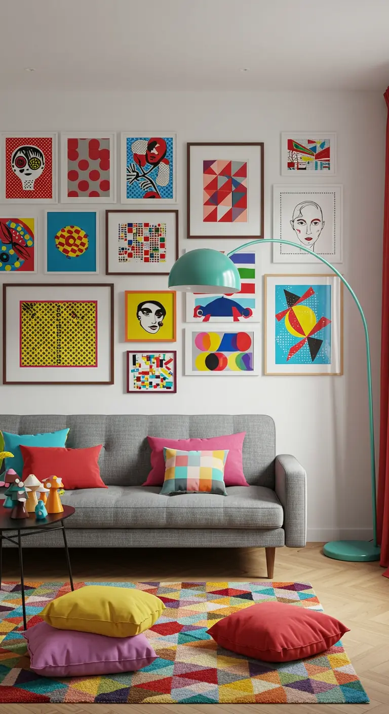 Mur de galerie Pop Art avec des œuvres d'art colorées et graphiques au-dessus d'un canapé gris.