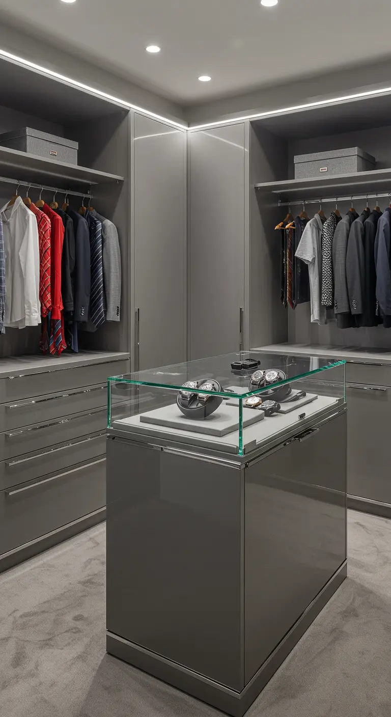 Dressing moderne gris avec un îlot central doté d'une vitrine en verre.