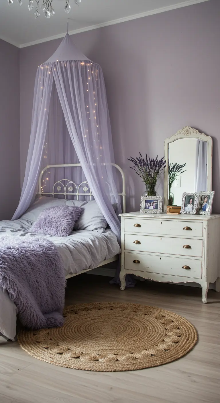 Chambre romantique avec murs lavande, ciel de lit en tulle et mobilier blanc patiné.