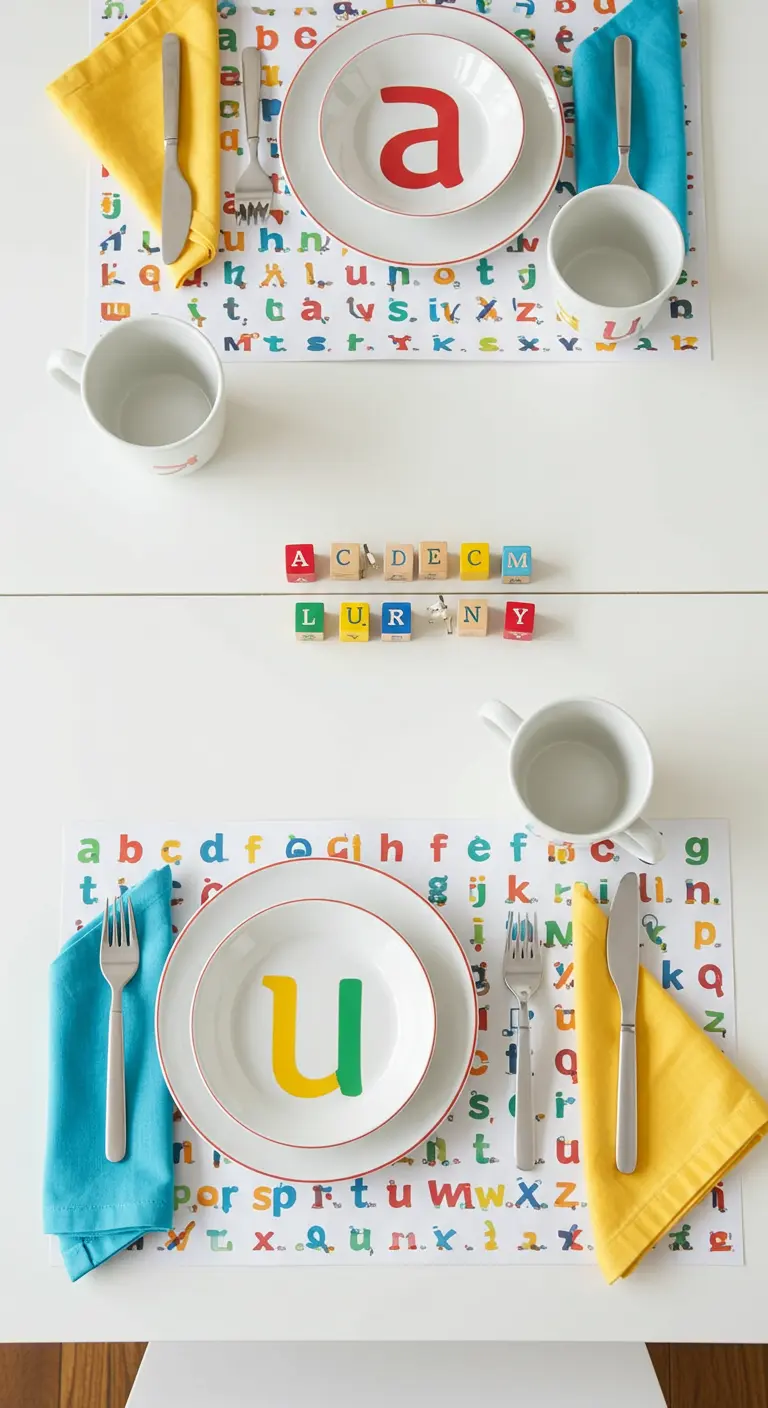 Table pour enfants avec des sets de table alphabet et des assiettes à lettres.
