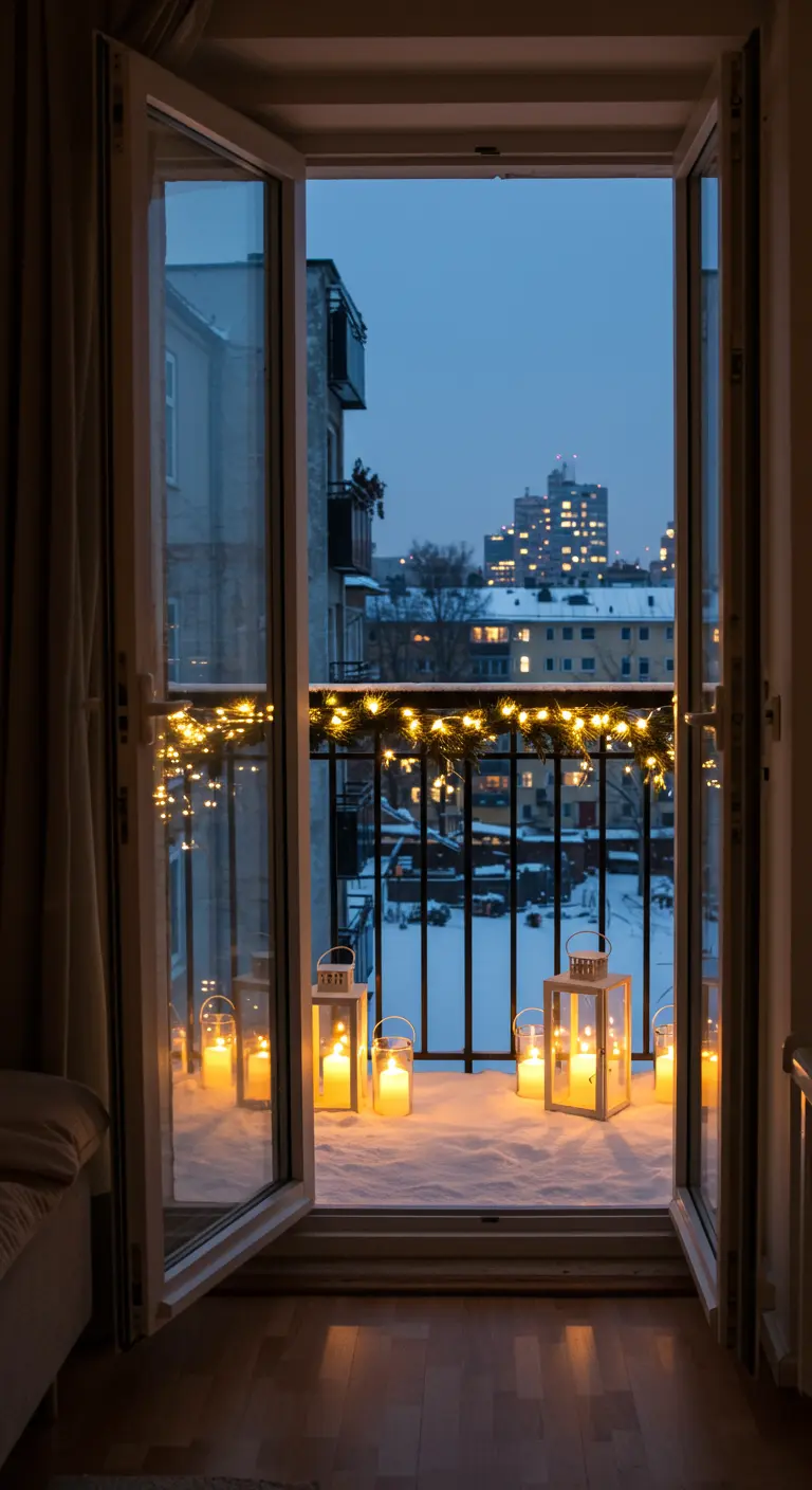 Balcon enneigé décoré de multiples lanternes et guirlandes lumineuses.