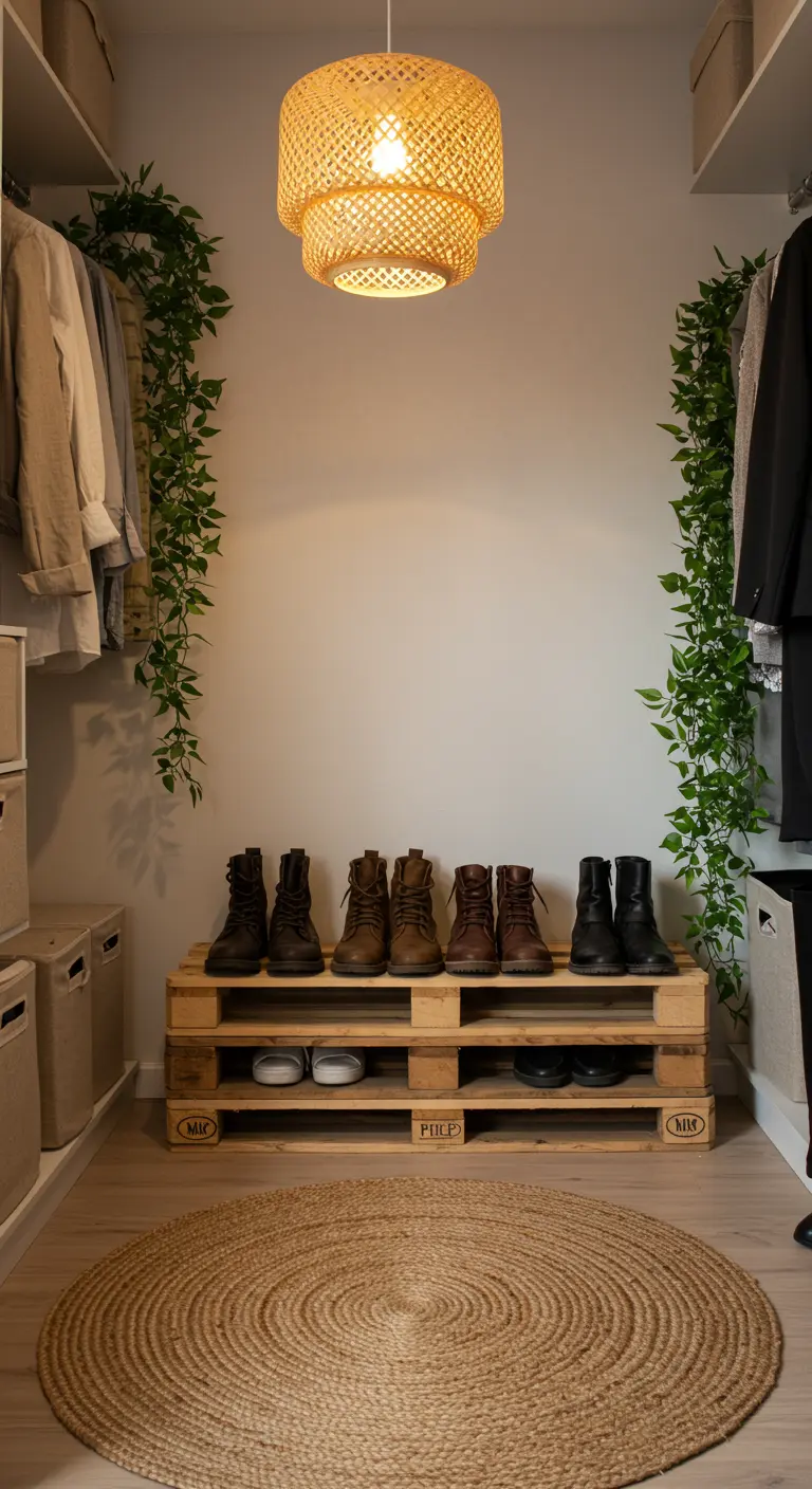 Une palette en bois posée au sol dans un dressing, utilisée comme rangement pour des bottines.